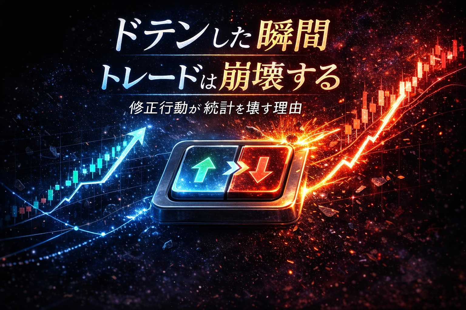 ドテンした瞬間にトレードが崩壊する様子を表現したイメージ。上昇と下落のチャートが切り替わり、修正行動が統計を壊す構造を示している。